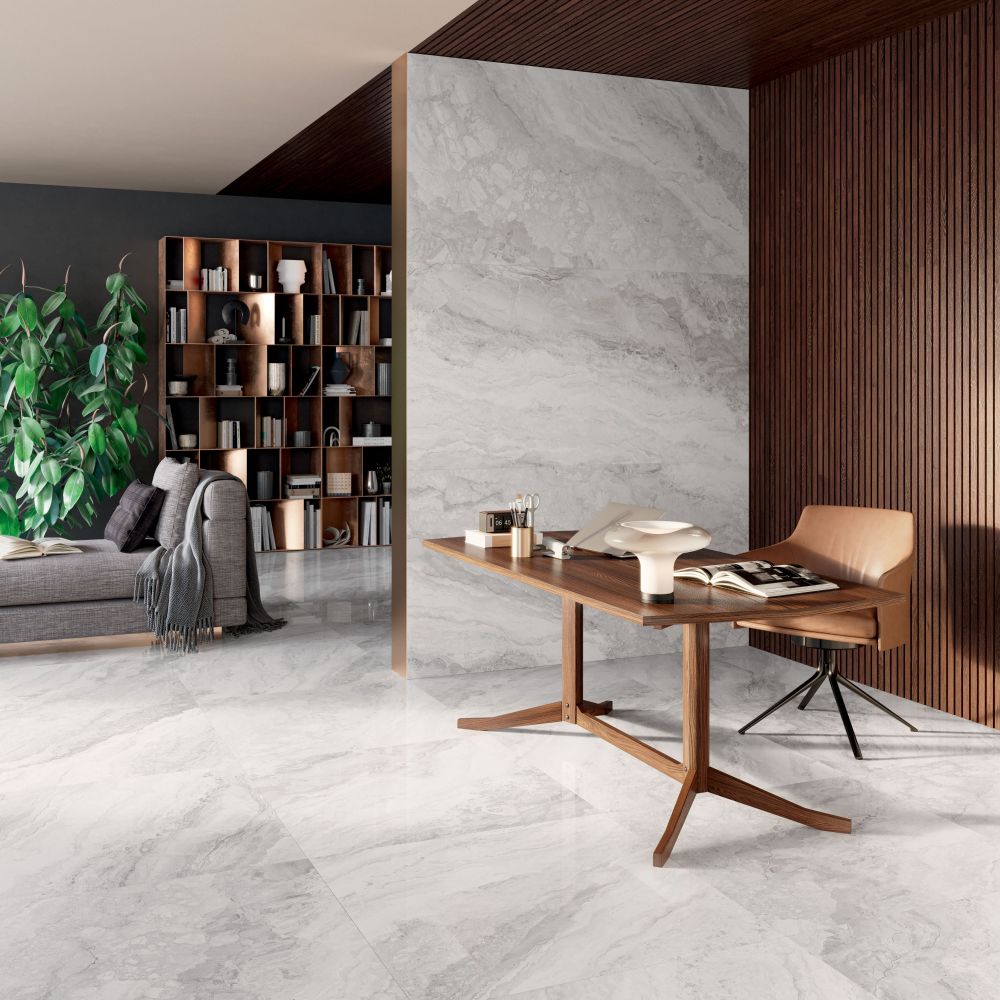 Elysium - Mystic 24 in. x 48 in. Polished Rectified Porcelain Tile - Pearl wall installation