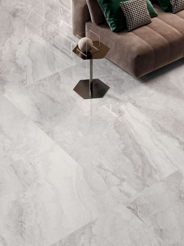 Elysium - Mystic 24 in. x 48 in. Polished Rectified Porcelain Tile - Pearl floor installation