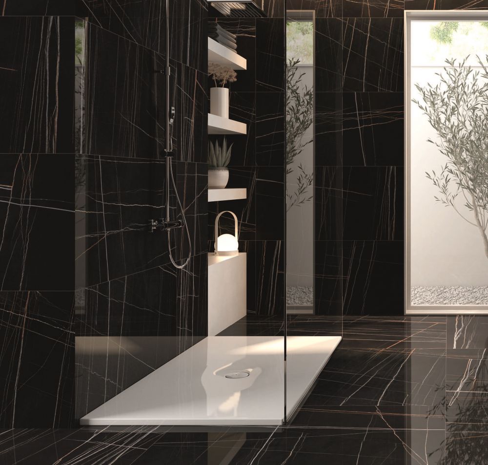 Elysium - Noir - 48 in. x 48 in. Rectified Porcelain Tile - Polished Black floor and wall installation