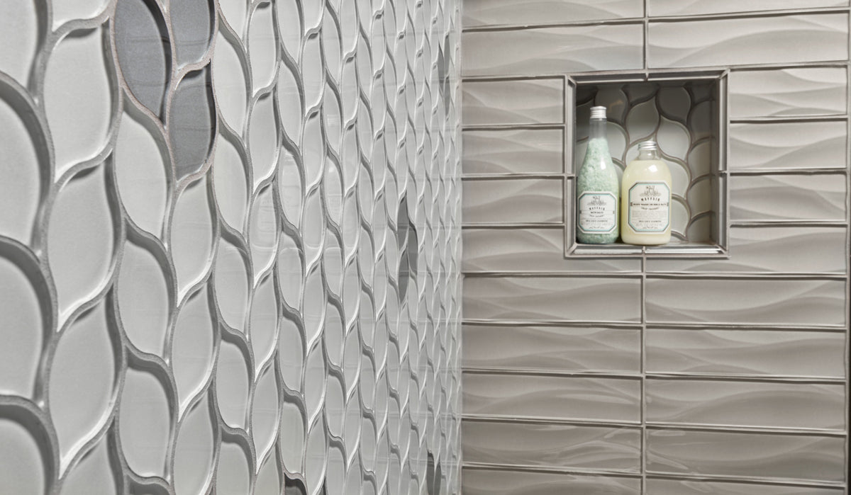 Arizona Tile - Dunes Series - Glass Pencil Liner Trim - Pewter shower wall installation