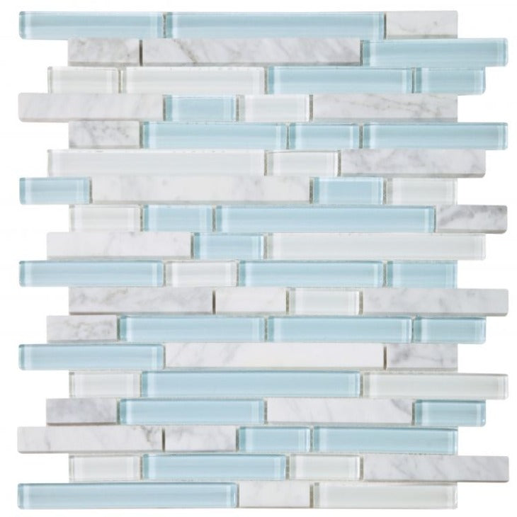 Elysium - Linear Carrara Turquoise 11.75 in. x 12 in. Glass and Marble Mosaic