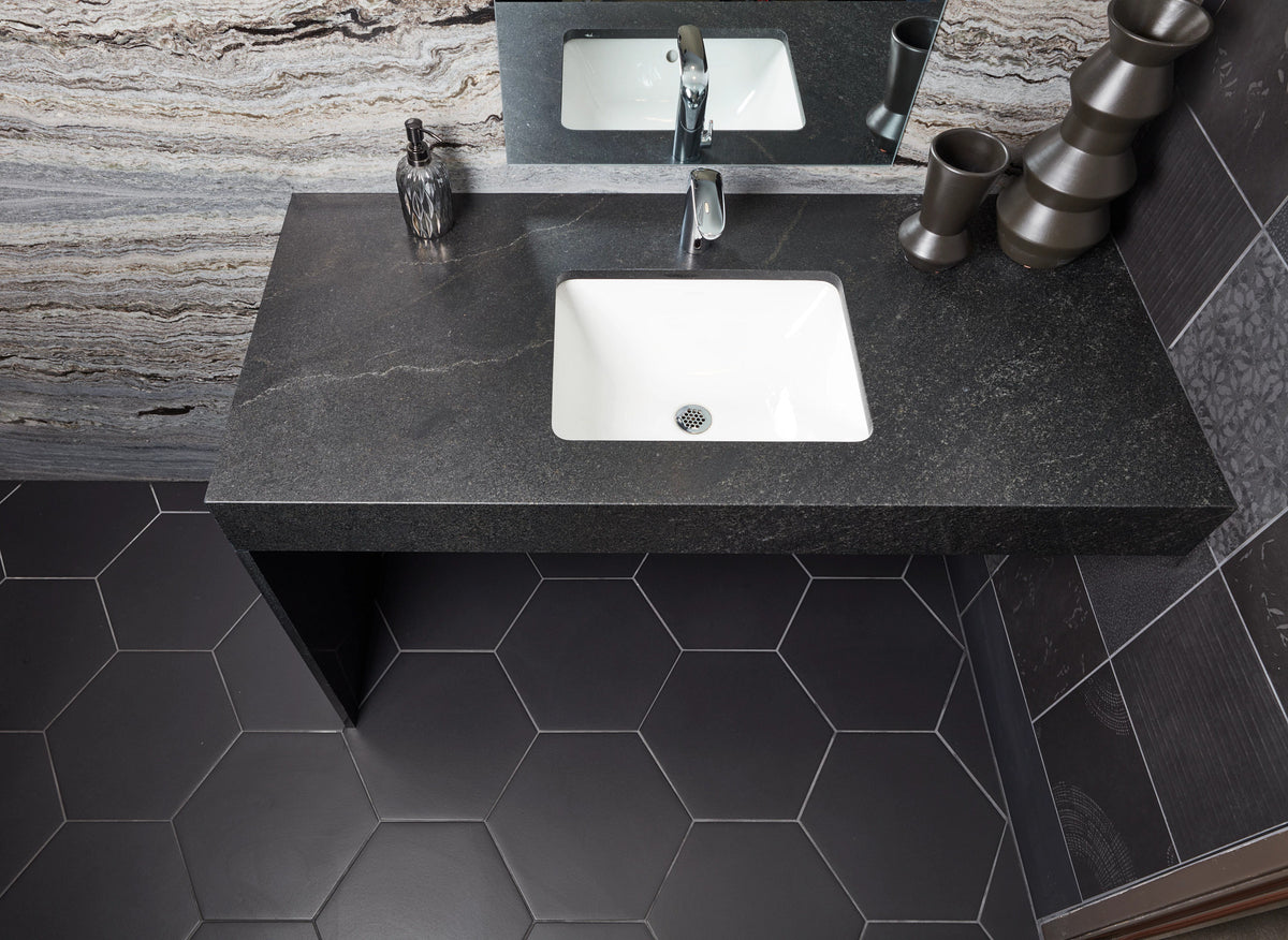 Arizona Tile - Paros Series 14&quot; x 16&quot; Rectified Color Body Porcelain Hexagon Tile - Black Room Scene
