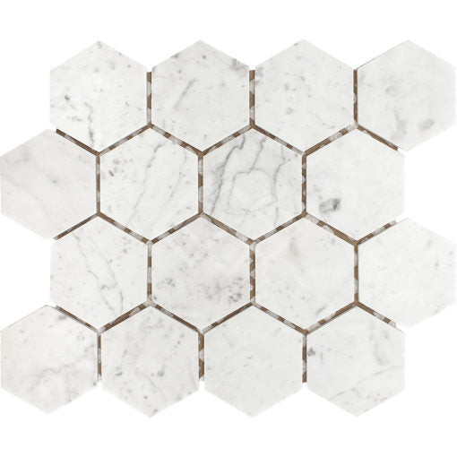 Enzo Tile - Carrara White Marble Mosaic Tile - Honed 3" Hex