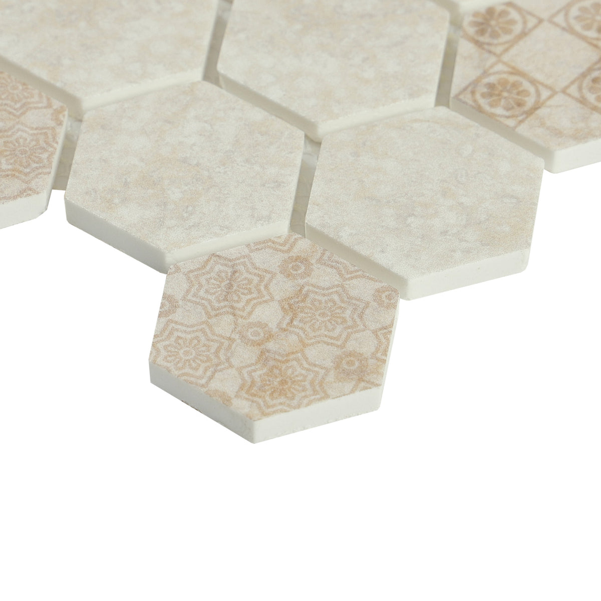 Lungarno Ceramics - Artisan Glass 1.5 in. Hexagon Mosaic - Travertine Close 2