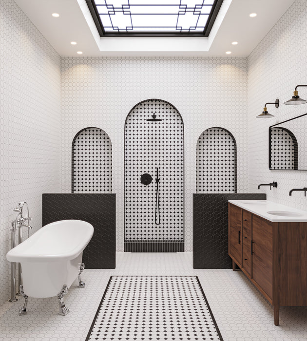 Bedrosians - Le Cafe 2" x 2" Octagon Matte Porcelain Mosaic - Black/White - Room Scene