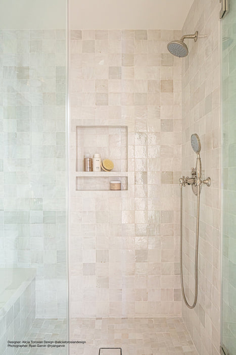 Bedrosians - Zagora - 2" x 2" Glossy Zellige Mosaic - Blanc shower floor installation