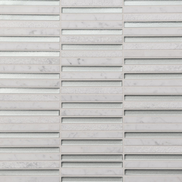 Bedrosians - Kaikos - 12" x 12" Glass and Stone Rectangle Mosaic - Silver and White Carrara