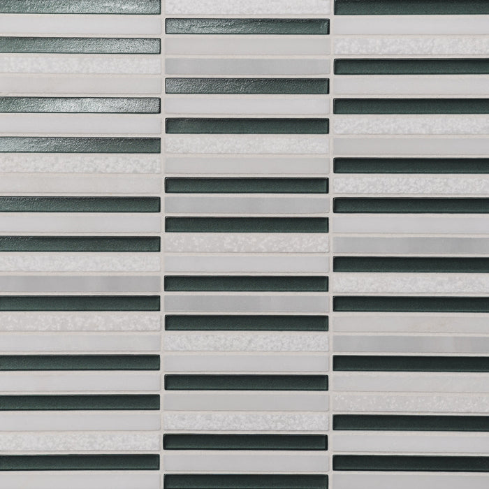 Bedrosians - Kaikos - 12" x 12" Glass and Stone Rectangle Mosaic - Dark Green and Oriental White