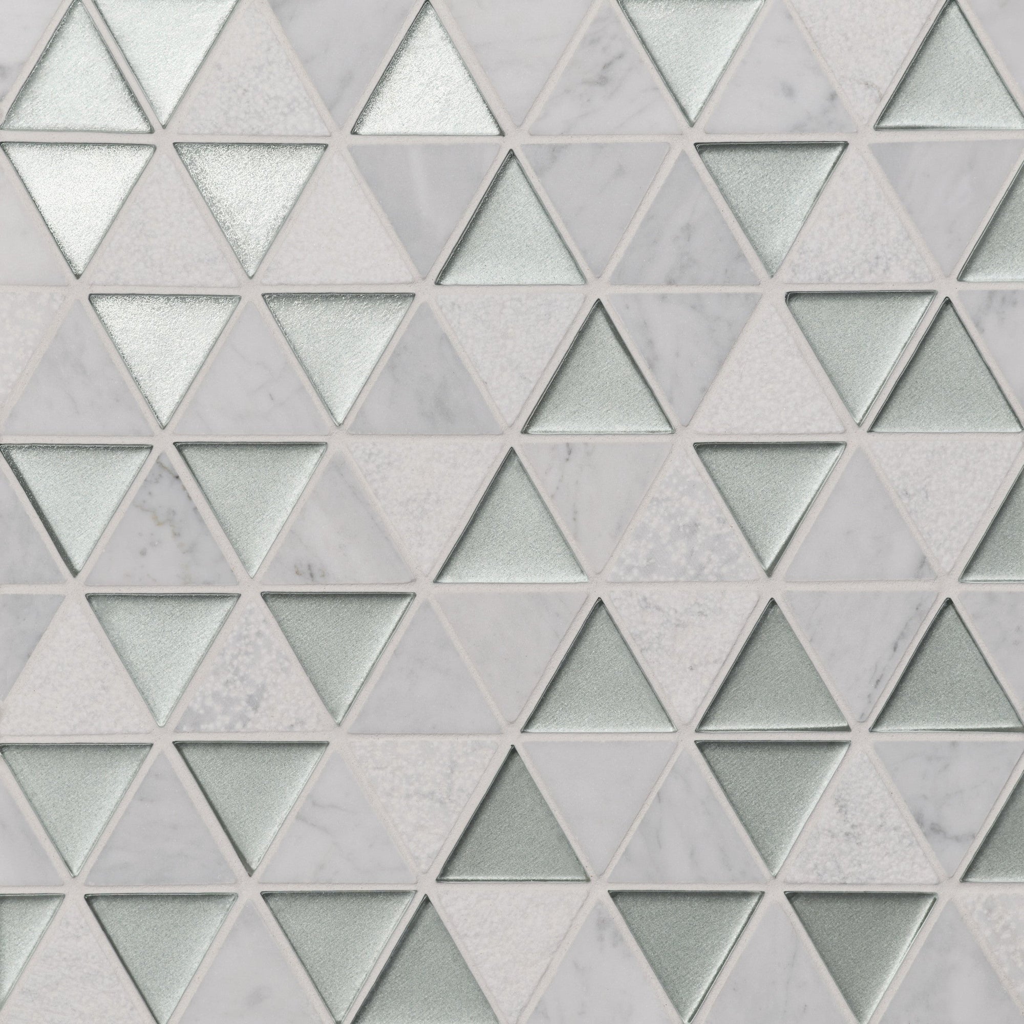 Bedrosians - Kaikos - 9" x 10" Glass and Stone Triangle Mosaic - Silver and White Carrara