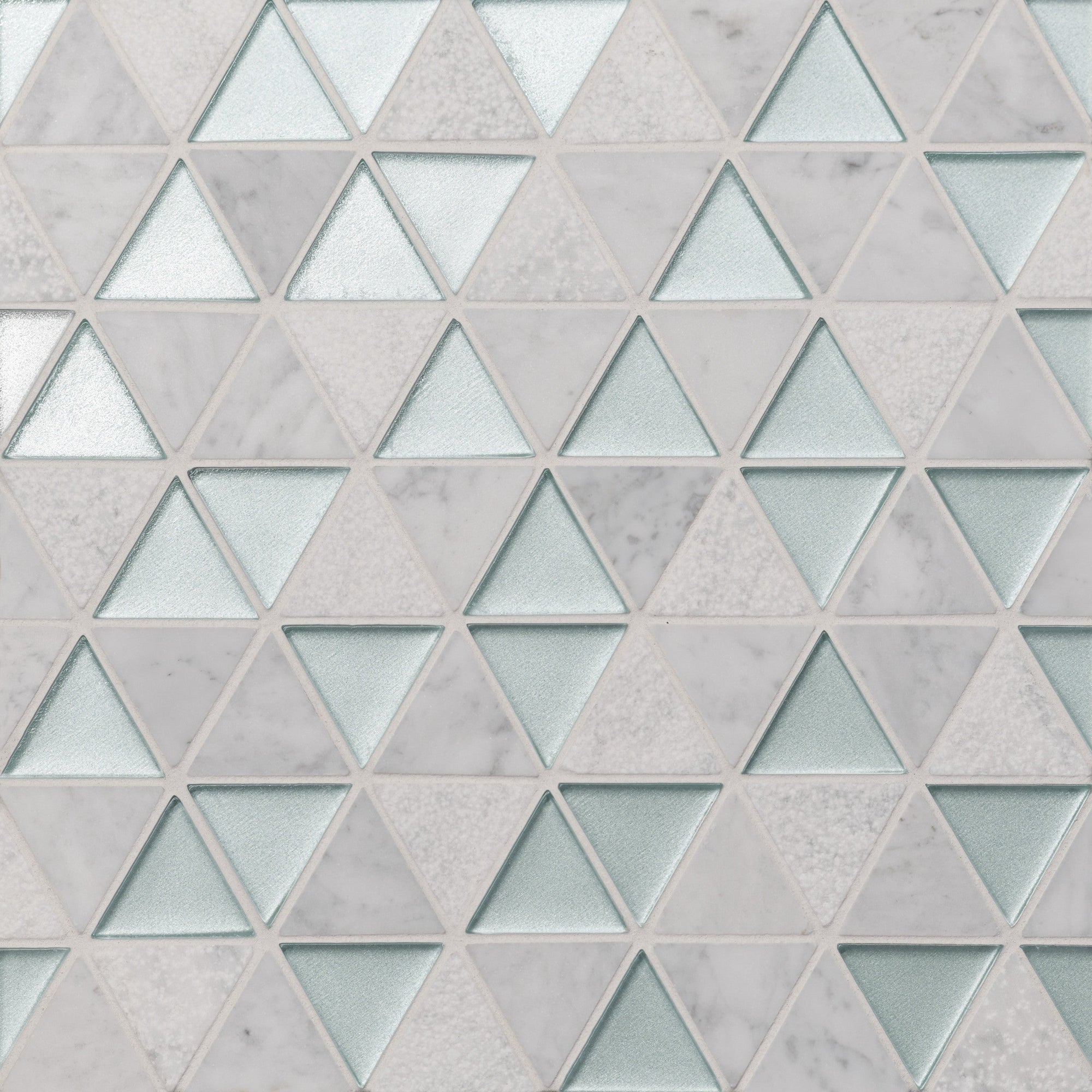 Bedrosians - Kaikos - 9" x 10" Glass and Stone Triangle Mosaic - Blue and White Carrara