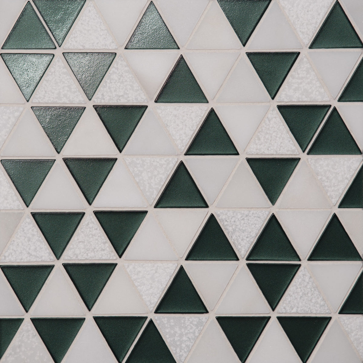 Bedrosians - Kaikos - 9&quot; x 10&quot; Glass and Stone Triangle Mosaic - Dark Green and Oriental White