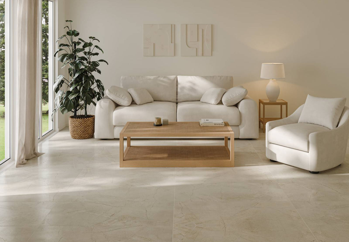 Bedrosians - Crema Marfil 24&quot; x 48&quot; Satin Porcelain Field Tile Installed