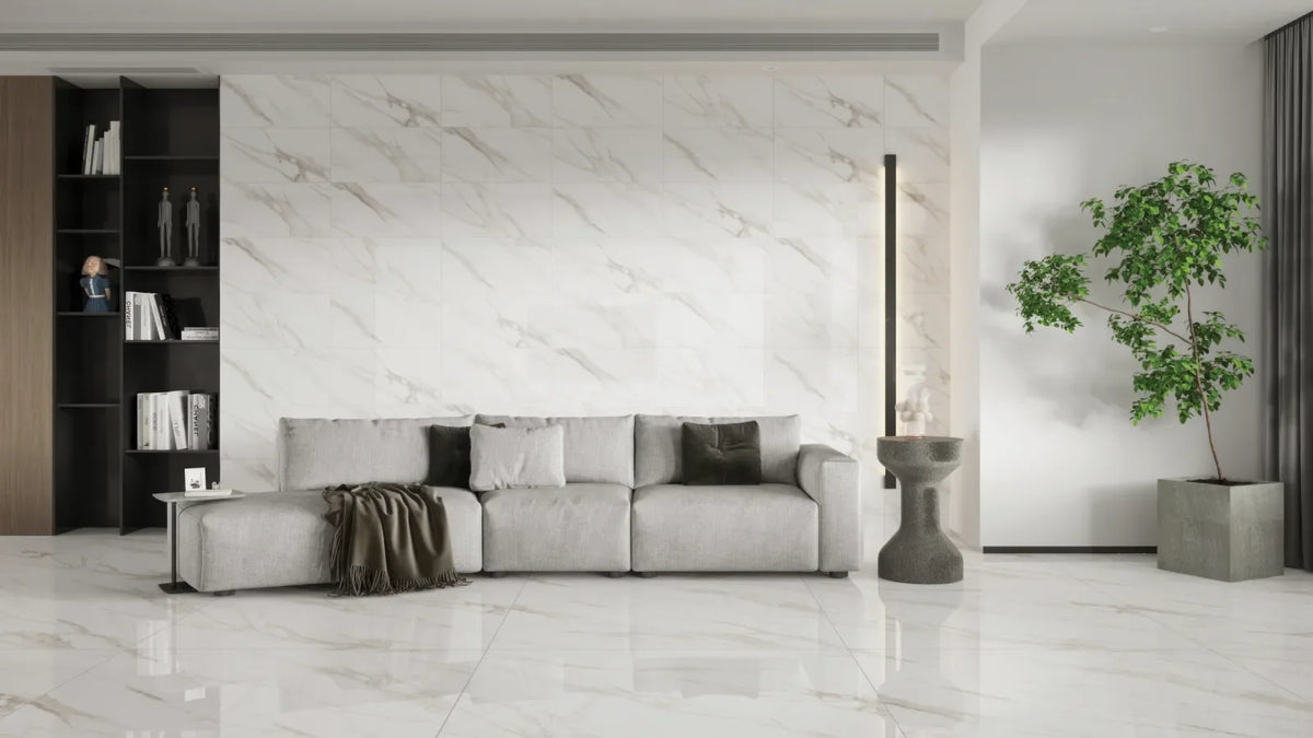 Bedrosians - Shandar 12&quot; x 24&quot; Polished Porcelain Field Tile - Statuario wall installation