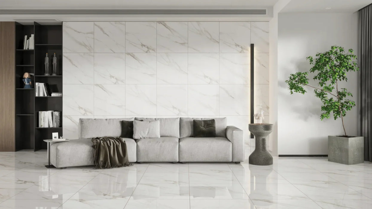Bedrosians - Shandar 24" x 24" Polished Porcelain Field Tile - Statuario floor and wall installation