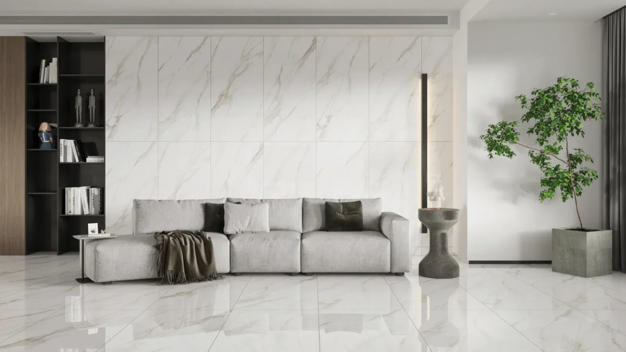 Bedrosians - Shandar 24" x 48" Polished Porcelain Field Tile - Statuario floor and wall installation