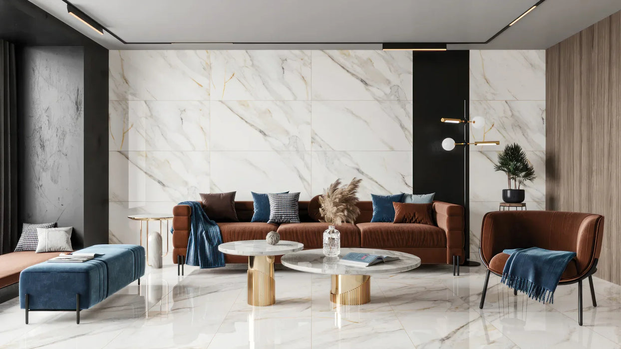 Bedrosians - Shandar 24" x 48" Polished Porcelain Field Tile - Arezzo Bianco floor and wall installation