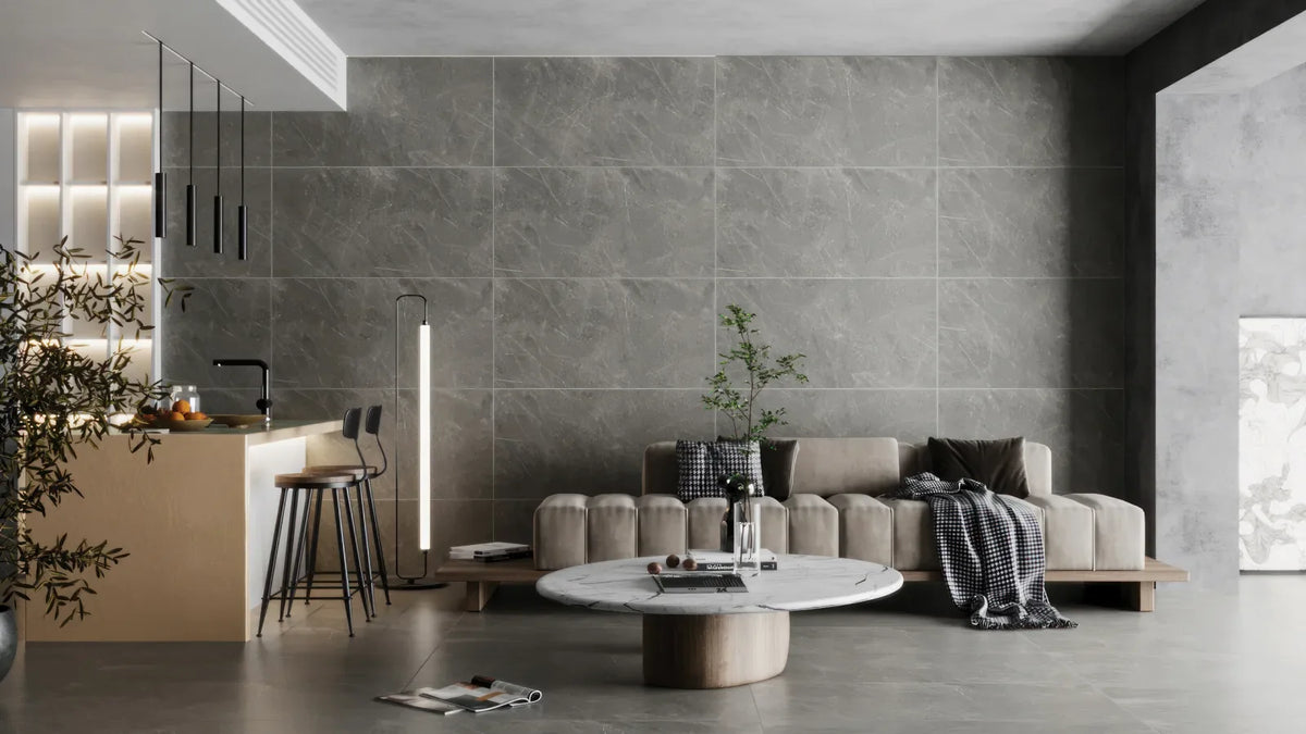 Bedrosians - Shandar 24&quot; x 48&quot; Matte Porcelain Field Tile - Florence Grey wall installation