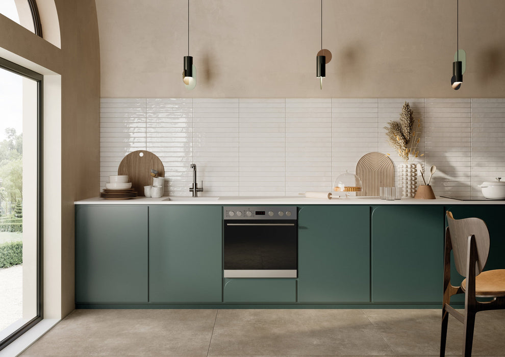 Bedrosians - Chroma - 2" x 18" Glossy Porcelain Field Tile - White wall installation