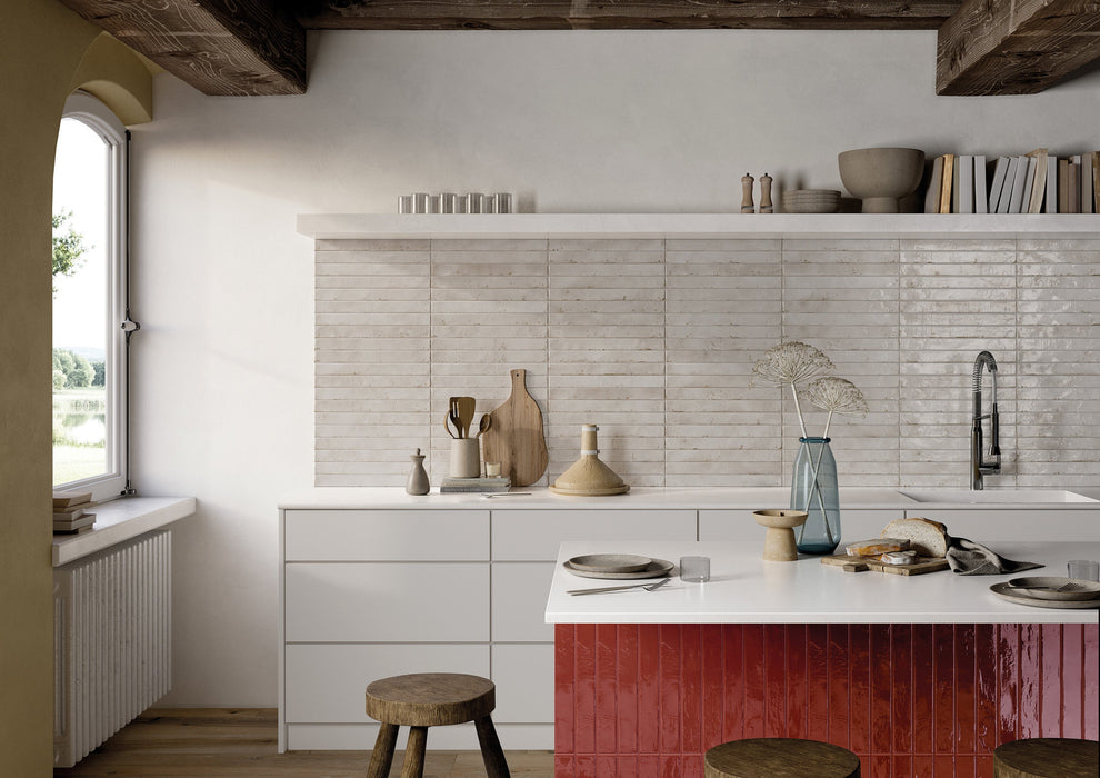 Bedrosians - Chroma - 2" x 18" Glossy Porcelain Field Tile - Red wall installation