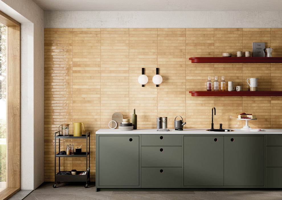 Bedrosians - Chroma - 2" x 18" Glossy Porcelain Field Tile - Beige wall installation