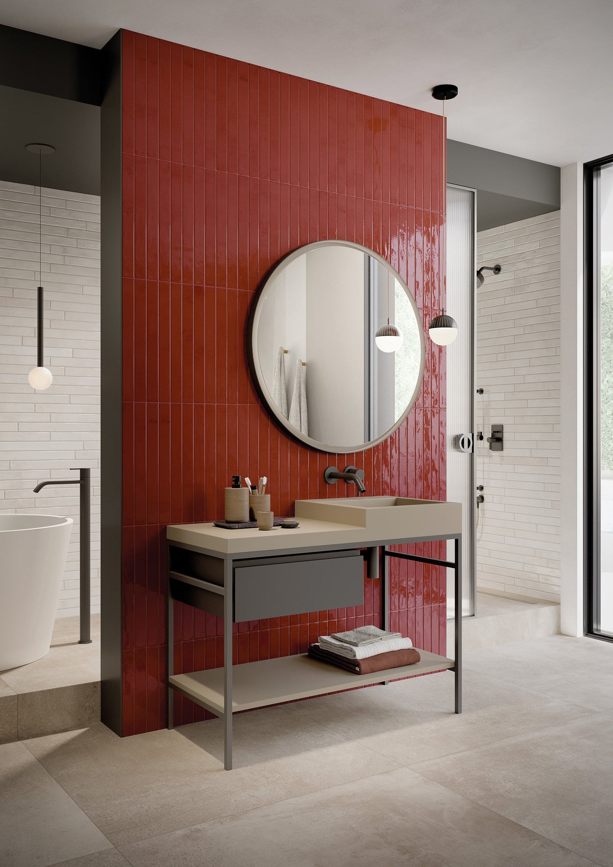 Bedrosians - Chroma - 2&quot; x 18&quot; Glossy Porcelain Field Tile - Red wall installation