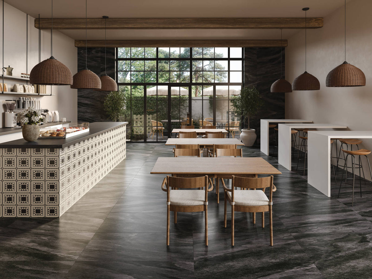 Bedrosians - Magnifica Era - 24&quot; x 48&quot; Glazed Porcelain Tile - Pietra Scura Honed Installed