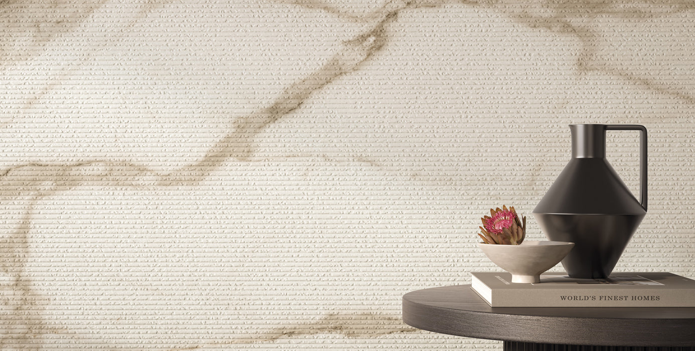 Bedrosians - Opus 24 in. x 48 in. Chiseled Matte Porcelain Deco Wall Tile - Calacatta Installed 2