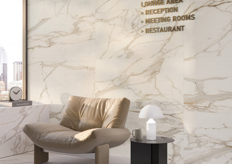 Bedrosians - Opus 24 in. x 48 in. Chiseled Matte Porcelain Deco Wall Tile - Calacatta Installed