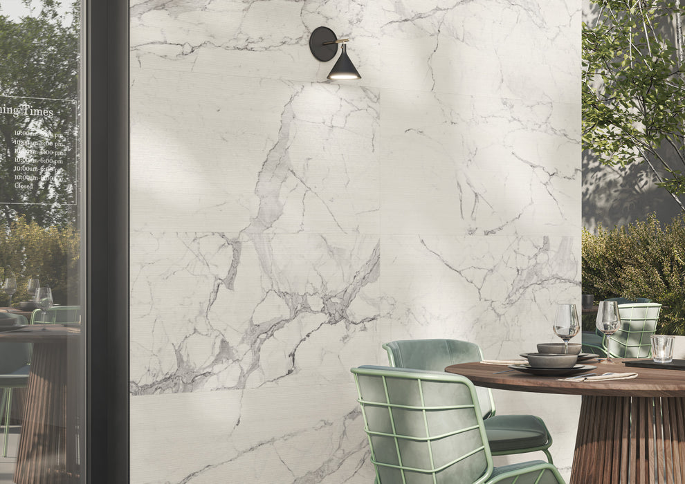 Bedrosians - Opus 24 in. x 48 in. Chiseled Matte Porcelain Deco Wall Tile - Statuario Installed 2