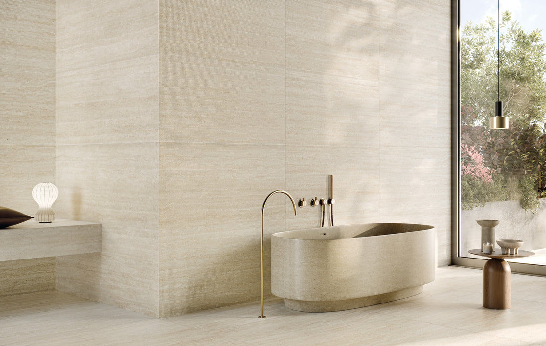 Bedrosians - Opus 24 in. x 48 in. Chiseled Matte Porcelain Deco Wall Tile - Travertine Installed