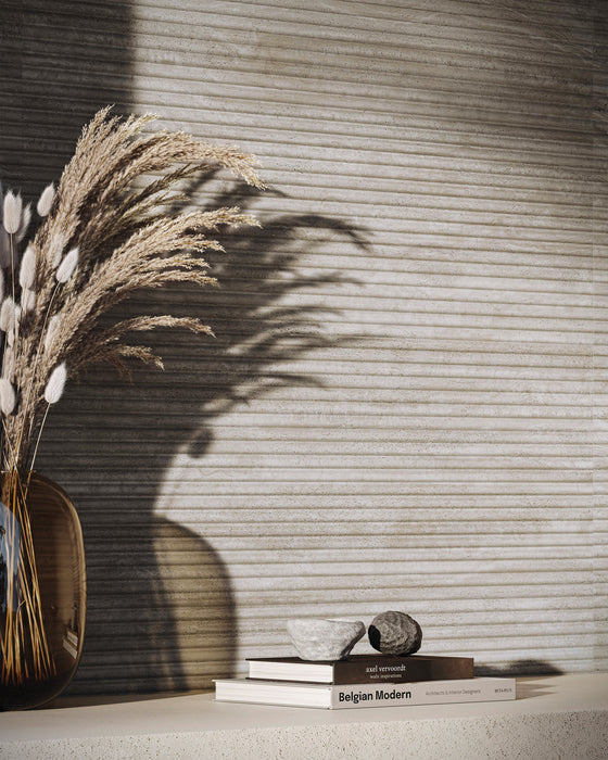 Bedrosians - Tivoli - 24 in. x 48 in. Natural Matte Porcelain Convesso Fluted Deco - Terra Installed