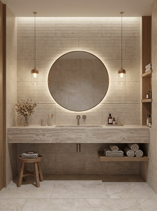 Bedrosians - Lunaris Collection - 12" x 24" Fluted Deco Wall Tile - Greige Installed