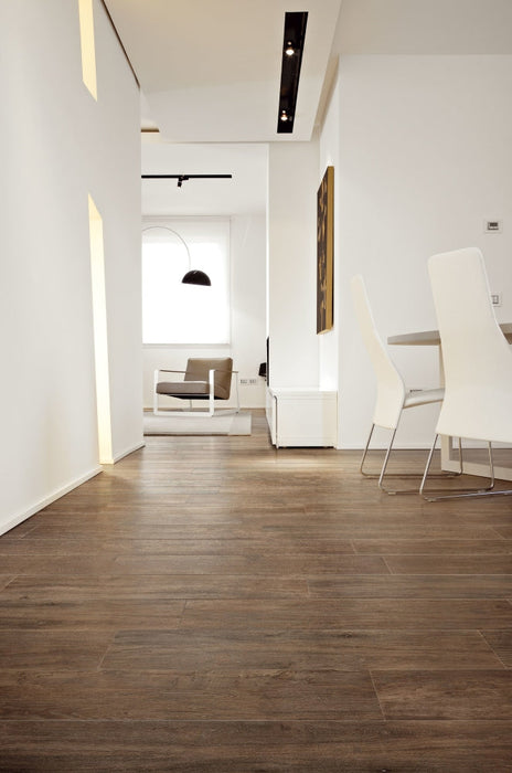 Elysium - Selection Oak Series - 8 in. x 48 in. Matte Porcelain Tile - Brown floor installation