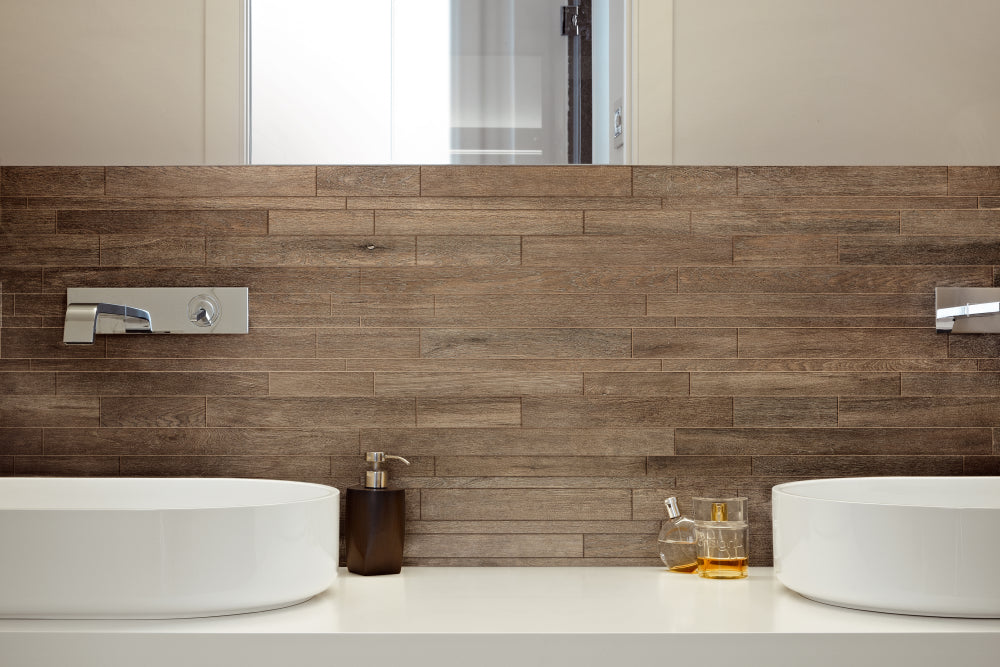 Elysium - Selection Oak Series - 11 in. x 71 in. Matte Porcelain Tile - Brown wall installation