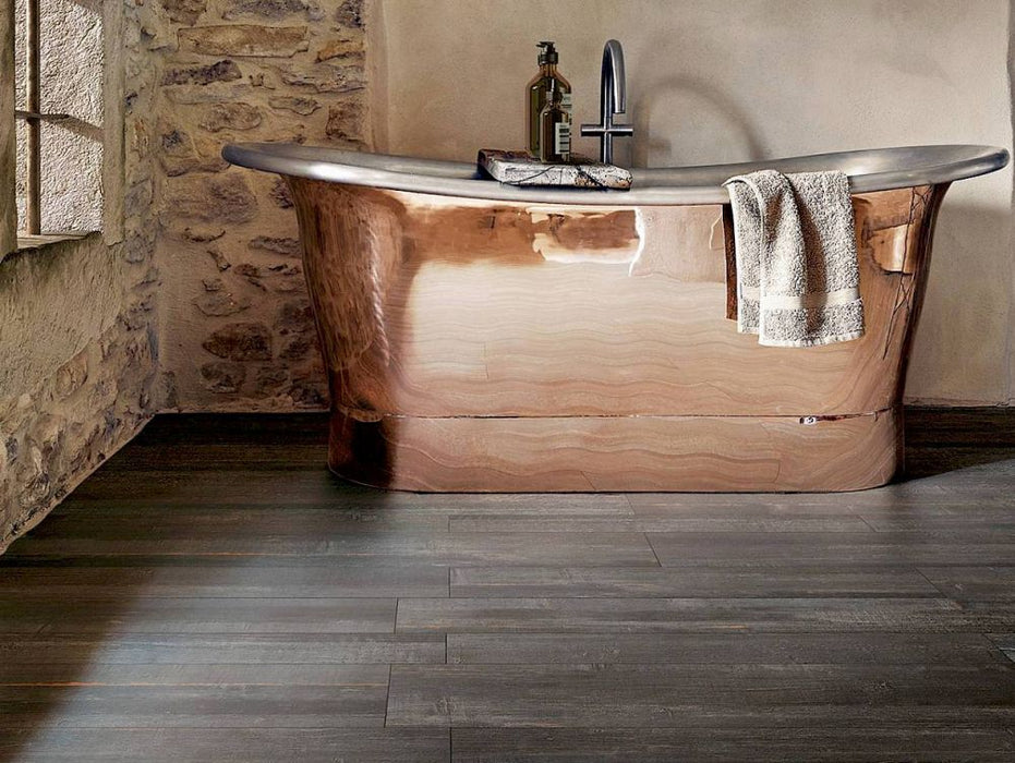 Elysium - Deco Wood 11 in. x 71 in. Rectified Porcelain Tile - Black floor installation