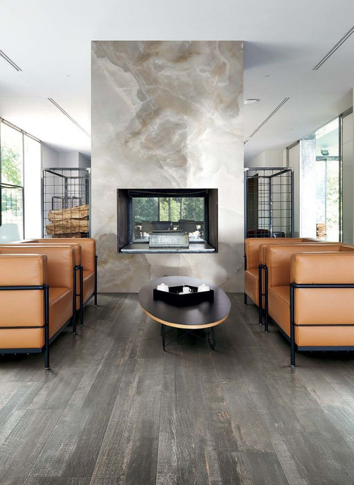 Elysium - Deco Wood 11 in. x 71 in. Rectified Porcelain Tile - Pearl floor installation