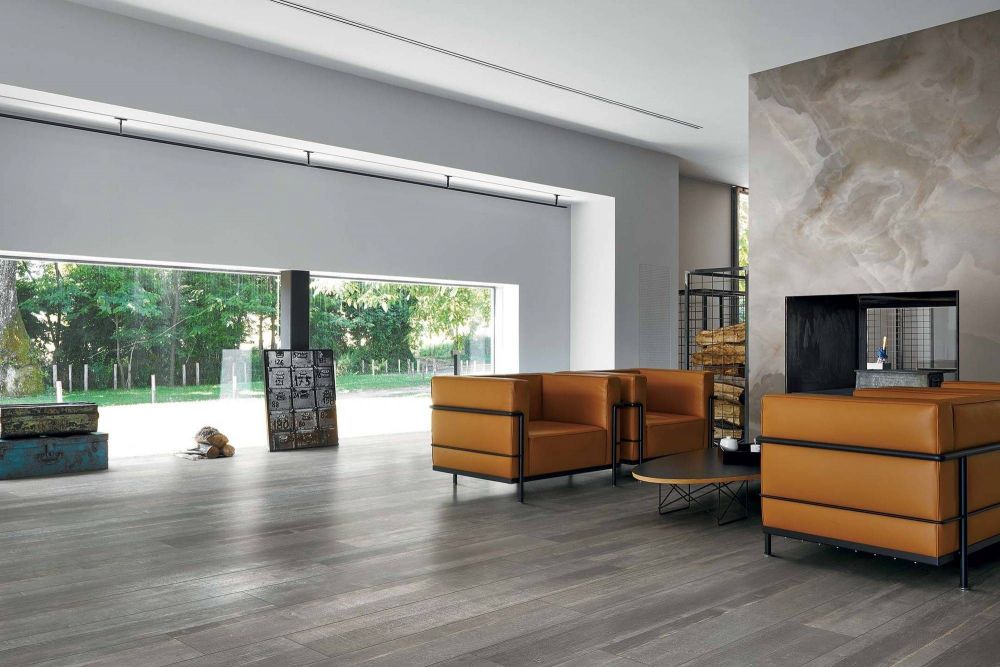 Elysium - Deco Wood 8 in. x 48 in. Rectified Porcelain Tile - Pearl floor installation