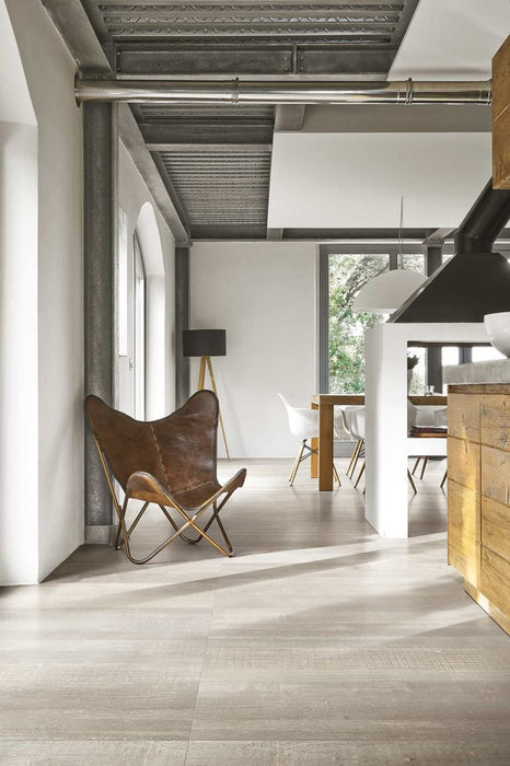Elysium - Deco Wood 11 in. x 71 in. Rectified Porcelain Tile - White floor installation