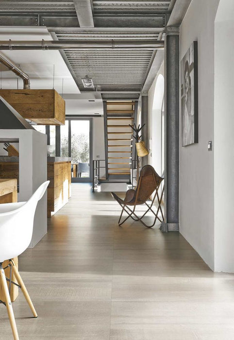 Elysium - Deco Wood 11 in. x 71 in. Rectified Porcelain Tile - White floor installation
