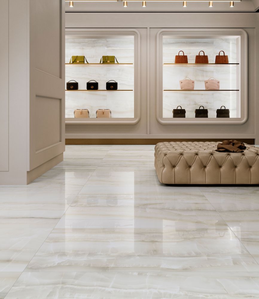 Elysium - Akoya Series - 24 in. x 48 in. Polished Rectified Porcelain Tile - Ivory floor installation