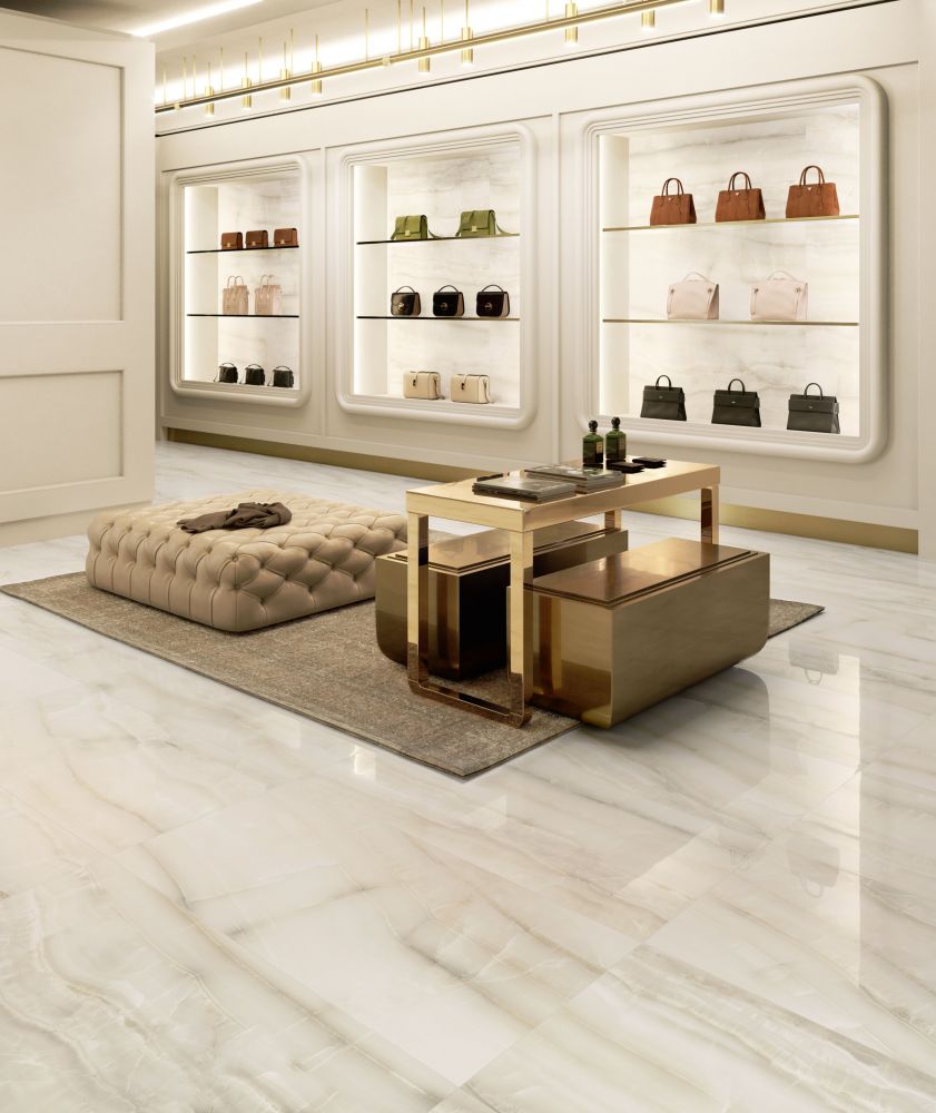 Elysium - Akoya Series - 24 in. x 48 in. Polished Rectified Porcelain Tile - Ivory floor installation