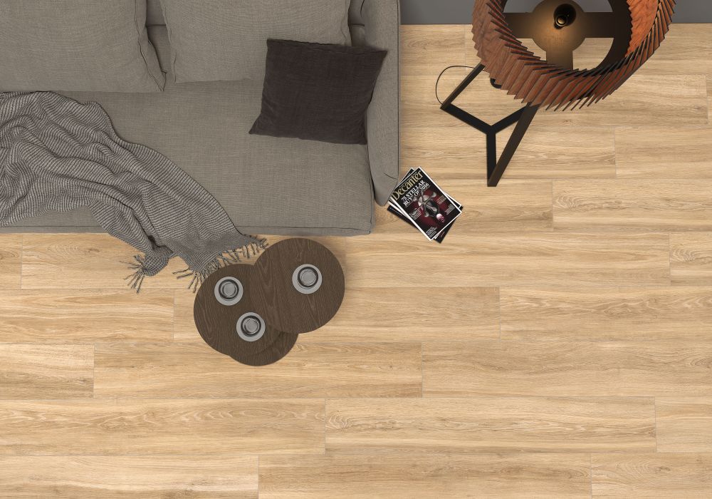 Elysium - Faedo 8 in. x 48 in. Porcelain Tile - Miel floor installation