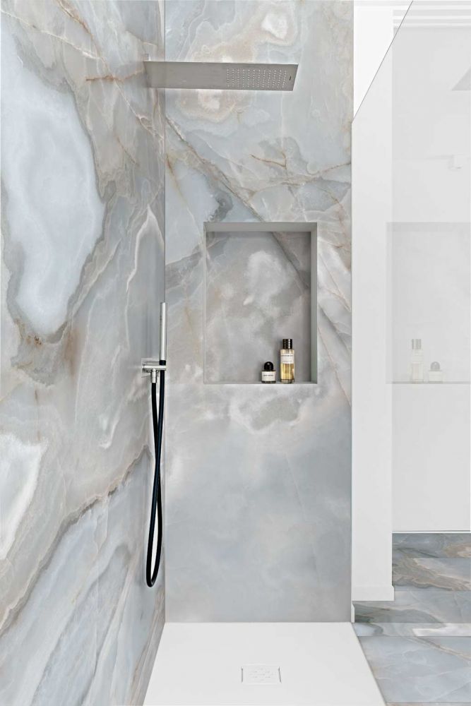 Elysium - Reves Series - 24 in. x 48 in. Matte Rectified Porcelain Tile - Bleu shower wall installation