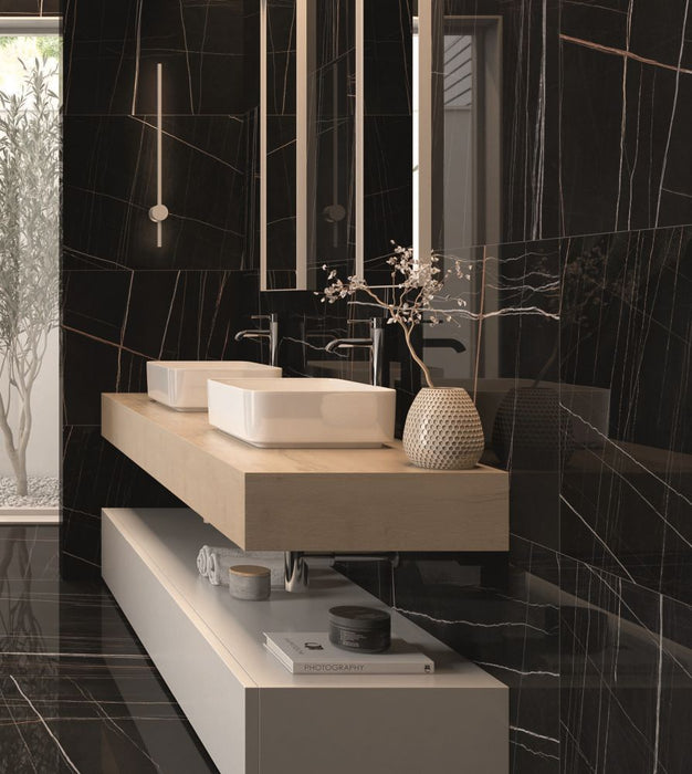 Elysium - Noir - 48 in. x 48 in. Rectified Porcelain Tile - Polished Black floor and wall installation