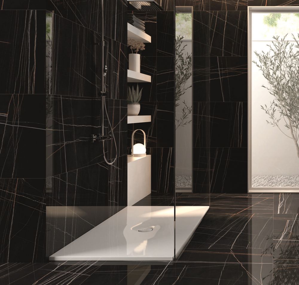 Elysium - Noir - 24 in. x 48 in. Rectified Porcelain Tile - Polished Black floor and wall installation