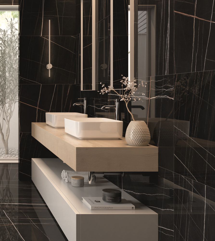 Elysium - Noir - 24 in. x 48 in. Rectified Porcelain Tile - Polished Black floor and wall installation