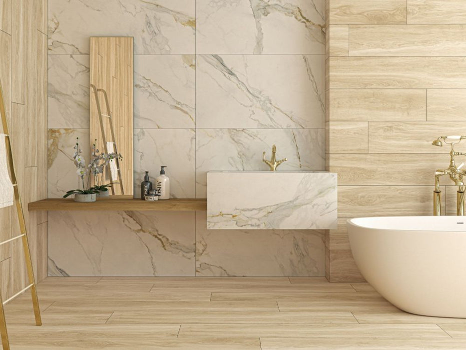 Elysium - Helsinki 10 in. x 60 in. Porcelain Tile - Haya floor and wall installation