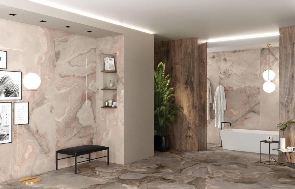 Elysium - Reves Series - 24 in. x 48 in. Matte Rectified Porcelain Tile - Rose wall installation