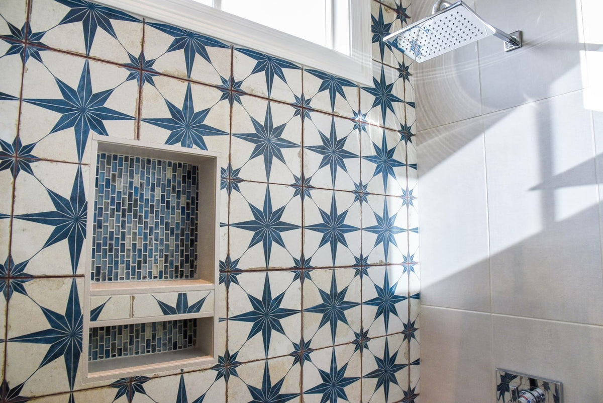 Bestile - Peronda 18 in. x 18 in. Ceramic Tile - FS Star Blue Shower Install