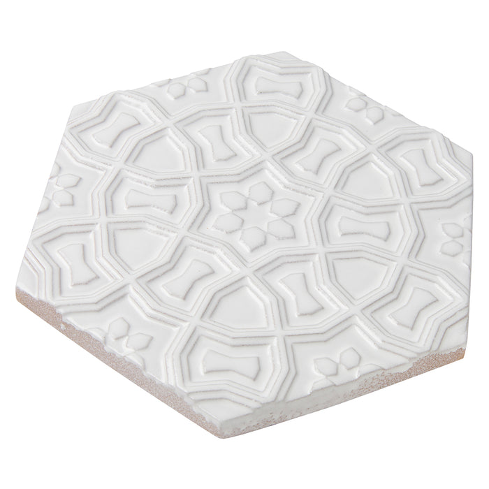 Walker Zanger - Andalucia - 9 in. x 10 in. Marrakesh Glossy Decorative Tile - Blanco Angled View